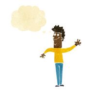 cartoon happy waving man with thought bubble
