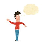 cartoon happy waving man with thought bubble N2