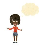 cartoon woman shrugging shoulders with thought bubble N73