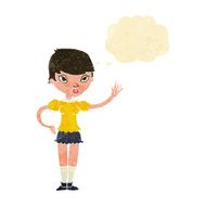 cartoon woman waving with thought bubble N59