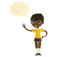 cartoon woman waving with thought bubble N60