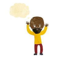 cartoon bearded man panicking with thought bubble