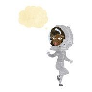 cartoon woman wearing space helmet with thought bubble N4