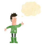 cartoon positive thinking man in rags with thought bubble