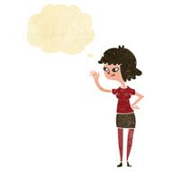 cartoon friendly girl waving with thought bubble