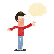 cartoon happy man waving with thought bubble N7