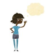 cartoon friendly girl waving with thought bubble N2