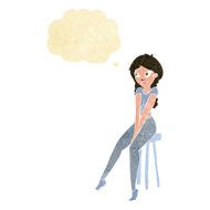 cartoon pretty girl on stool with thought bubble