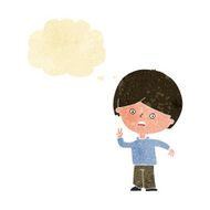 cartoon unhappy boy giving peace sign with thought bubble N2