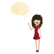 cartoon happy woman waving with thought bubble