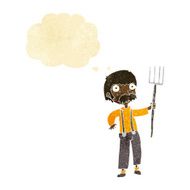 cartoon farmer with pitchfork thought bubble