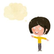 cartoon happy girl waving with thought bubble N2