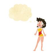 cartoon woman in swimming costume with thought bubble N2