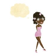 cartoon woman posing in dress with thought bubble N4