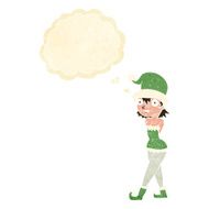 cartoon woman in christmas elf costume with thought bubble N2