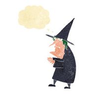 cartoon ugly old witch with thought bubble