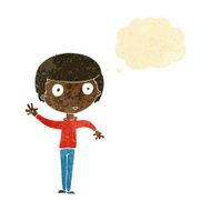 cartoon waving boy with thought bubble N3