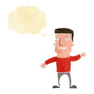 cartoon waving stressed man with thought bubble N2