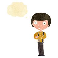 cartoon staring boy with folded arms thought bubble N2