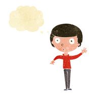 cartoon waving boy with thought bubble N4