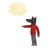 cartoon wolf man pointing with thought bubble