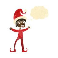 cartoon excited christmas elf with thought bubble N2