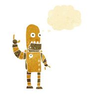 cartoon waving gold robot with thought bubble