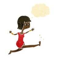 cartoon happy woman kicking with thought bubble N2