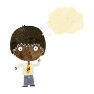 cartoon school boy answering question with thought bubble N9