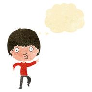 cartoon impressed boy pointing with thought bubble N2