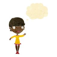cartoon waving woman with thought bubble N28