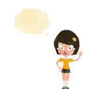cartoon pretty girl waving with thought bubble N5