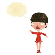 cartoon waving woman with thought bubble N29