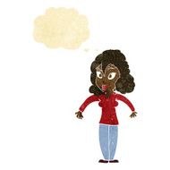 cartoon woman shrugging shoulders with thought bubble N92