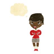 cartoon woman gesturing at self with thought bubble N4