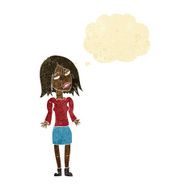 cartoon woman shrugging shoulders with thought bubble N94