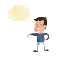 cartoon man making camp gesture with thought bubble N5
