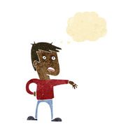cartoon man making camp gesture with thought bubble N6