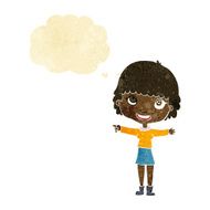 cartoon happy woman pointing with thought bubble N13
