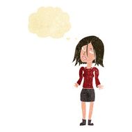 cartoon woman shrugging shoulders with thought bubble N95