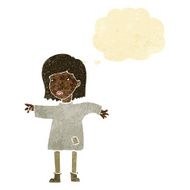 cartoon woman in patched clothing with thought bubble N2