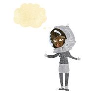 cartoon woman wearing astronaut helmet with thought bubble