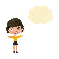 cartoon happy woman pointing with thought bubble N14