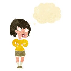 cartoon woman making Who Me? gesture with thought bubble N5