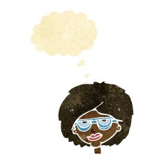 cartoon woman wearing spectacles with thought bubble