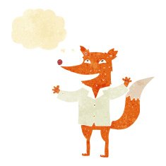 cartoon happy fox wearing shirt with thought bubble