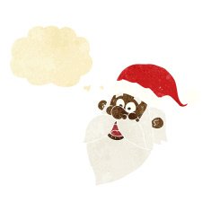 cartoon jolly santa claus face with thought bubble