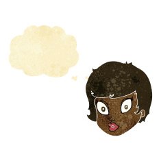cartoon surprised female face with thought bubble N6