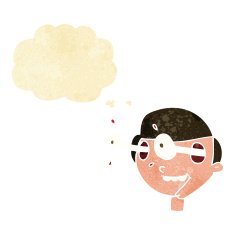 cartoon excited boy's face with thought bubble N2