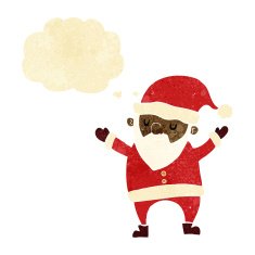 cartoon dancing santa with thought bubble